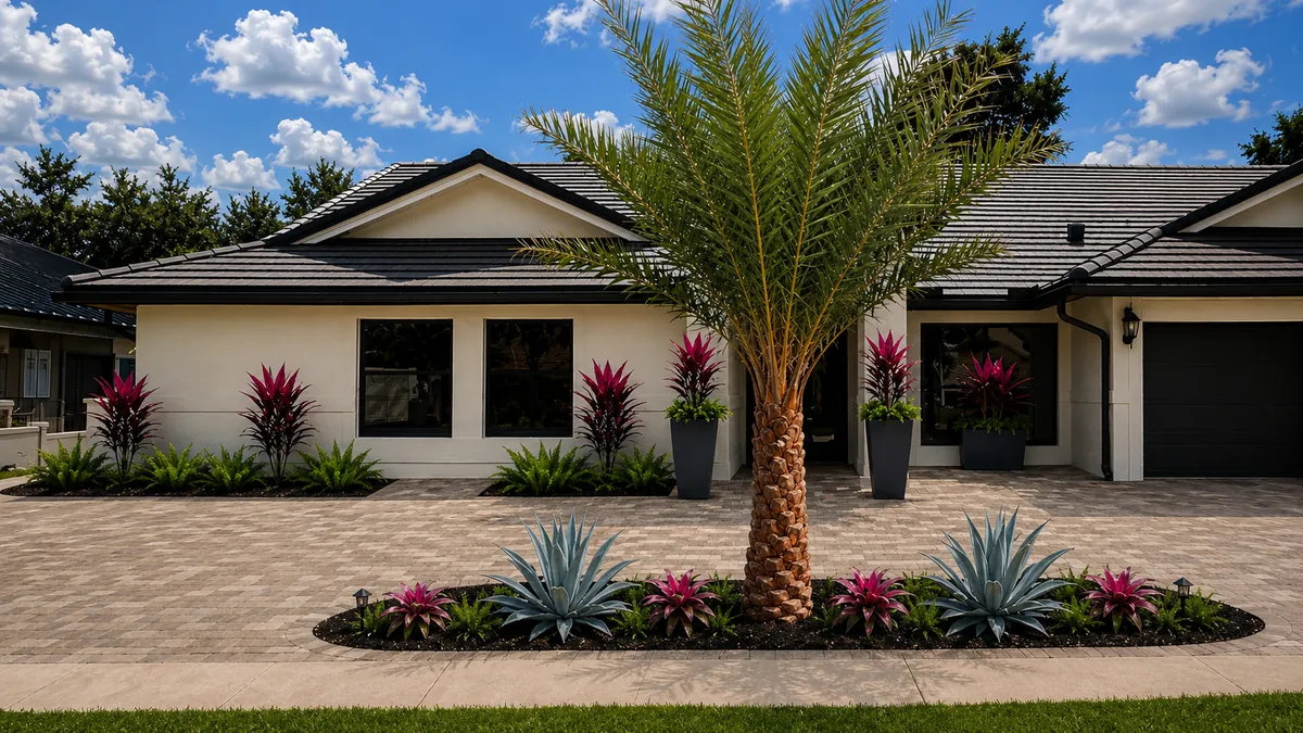 Concept render of the same front elevation with a feature palm, bromeliads and planted beds