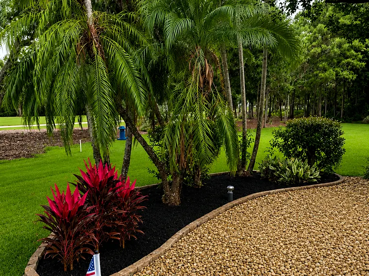Mulched bed with red crotons and palms edging a pebble path beside a putting green