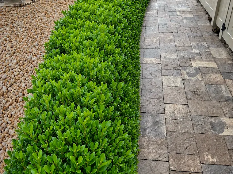 Clipped hedge row beside a paver path