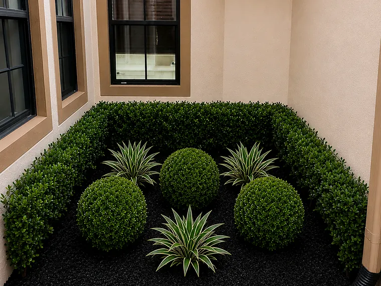 Corner bed with clipped boxwood balls and variegated agaves in black rock